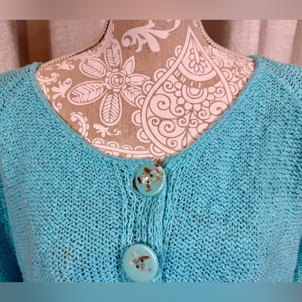 Lulu-B Turquoise Knit Cardigan Sweater Top Large 100%Cotton 3 Button Lightweight - Picture 5 of 5